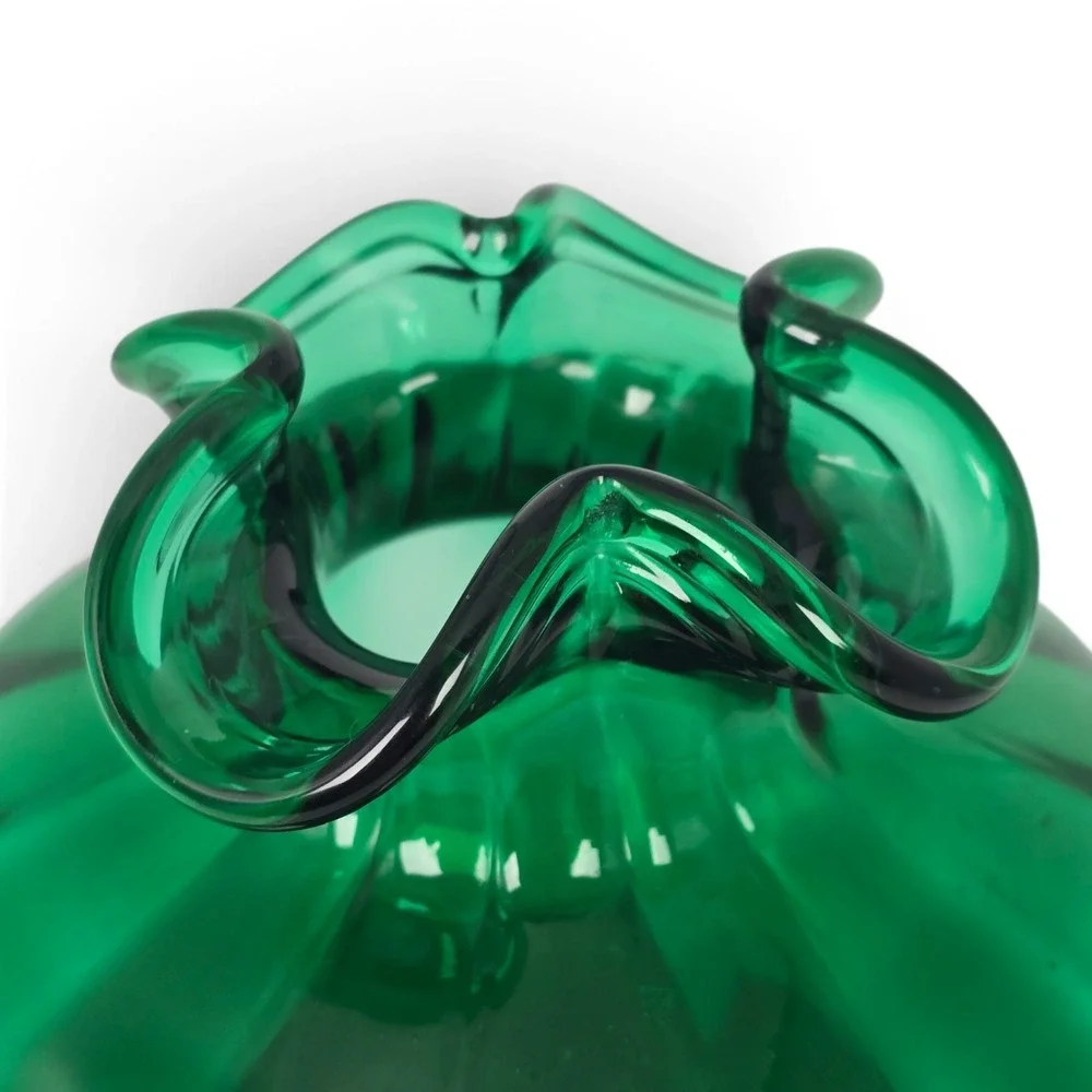 Vintage 1940s Beacon Glass Emerald Green Onion Vase Ruffled Rim Hand Blown